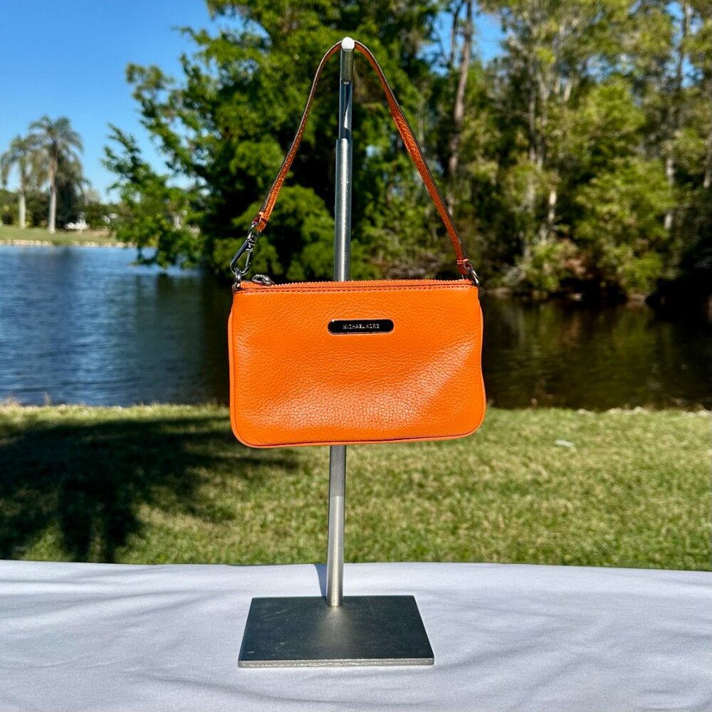 MK Michael Kors Orange Convertible Wristlet Top Handle Purse Silver Hardware EUC